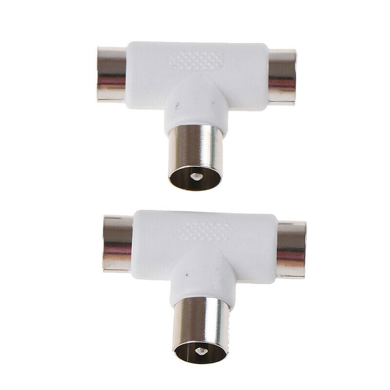 2pc 2 Way TV T Splitter Aerial Coaxial Cable Male to 2 Female Connectors .l8