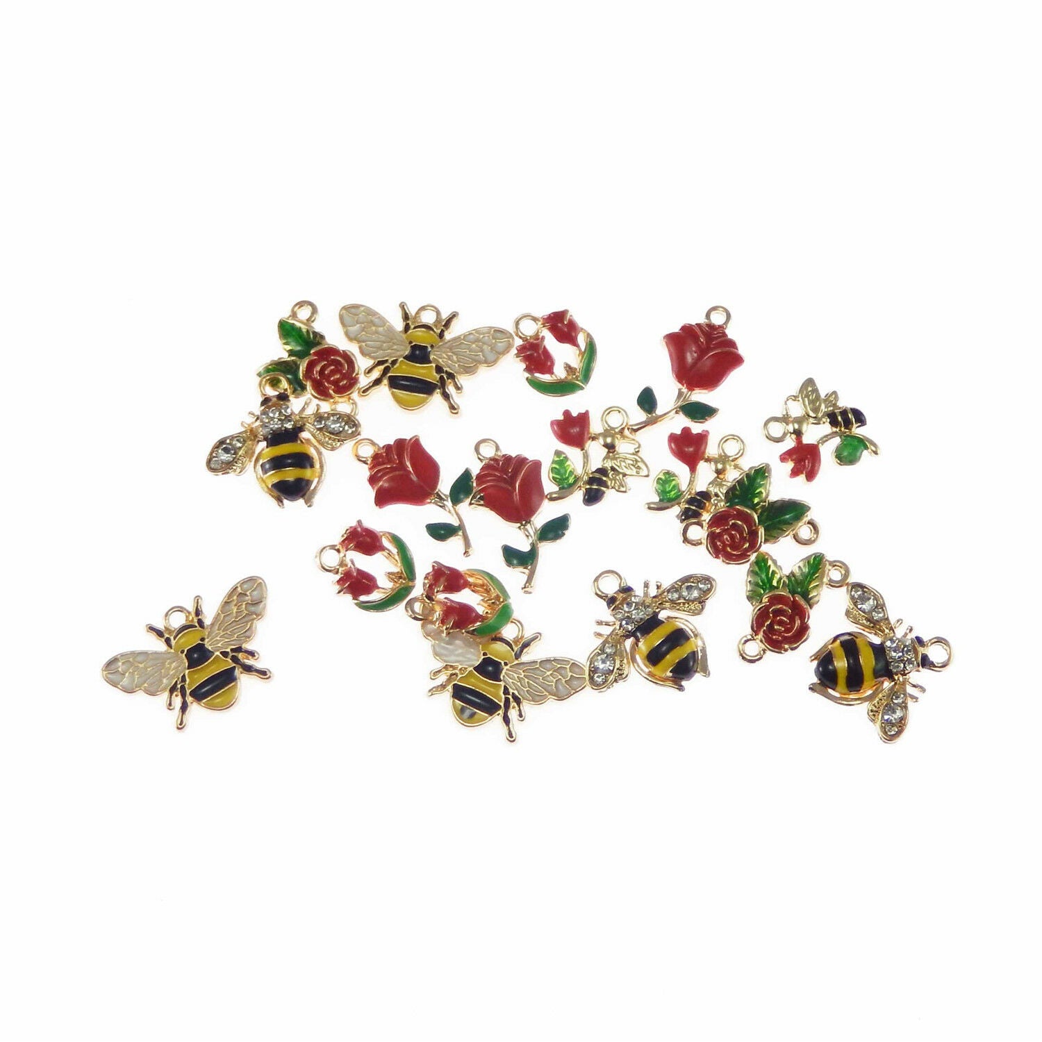Lot of 6 Mix Enamel Plated Metal Flowers and Honey Bees Charm Pendant Findings