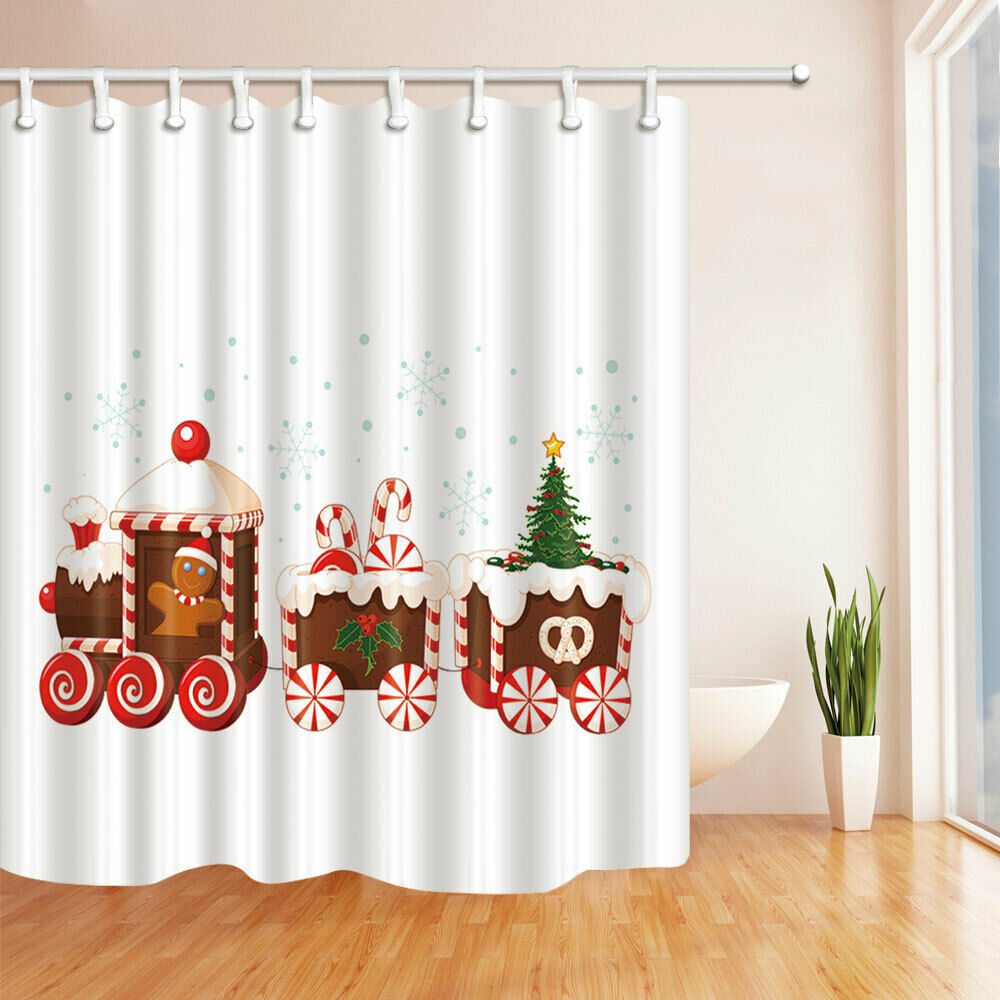 Cartoon Gingerbread Man Train Fabric Bathroom Shower Curtains & Hooks 71x71"