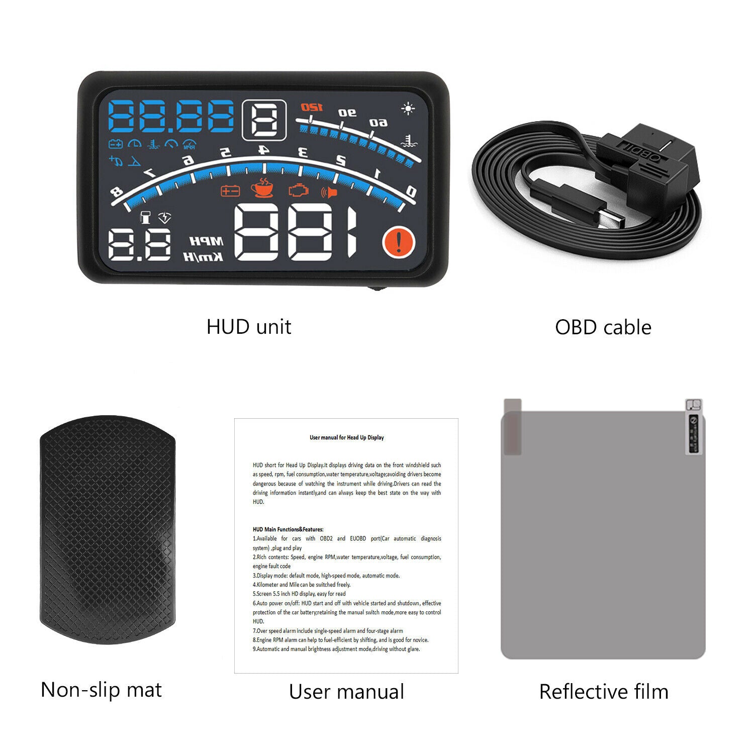5.5" OBD2 Car Digital HUD Head Up Speed Display OBD2 Warning with Non-slip Mat
