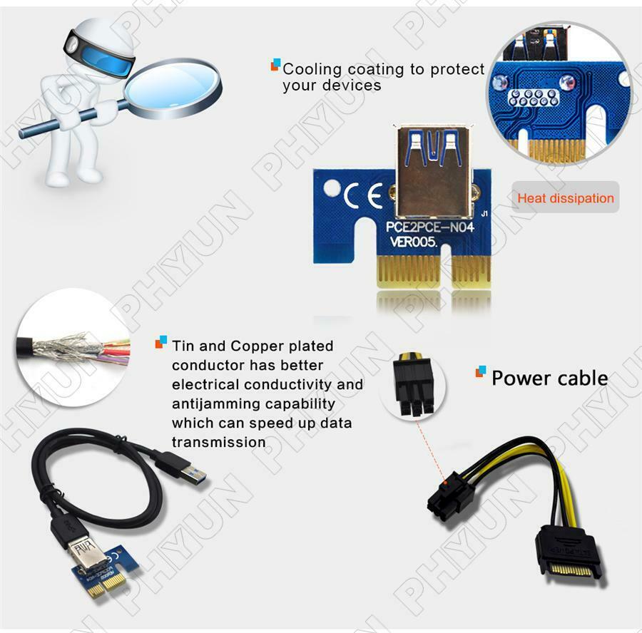 10x PCI-E 16X Riser Board 1X Adapter Card w/ SATA & USB Cable For BTC ETH Mining