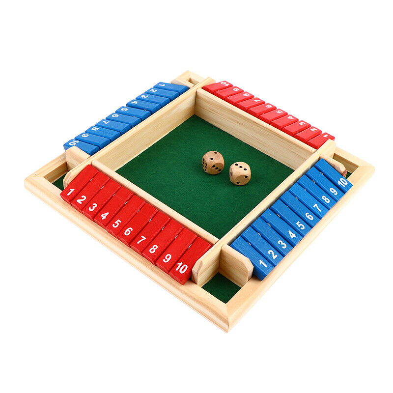 Shut The Box Dice Board Game 4 Sided 10 Number Wooden Flaps Dices Game Fam KX