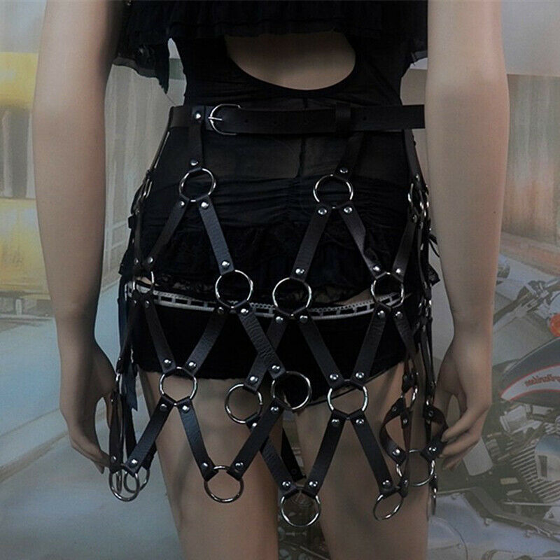 Women Lady Faux Leather Belts Waistbands Adjustable Gothic Punk Rock Hoops Black