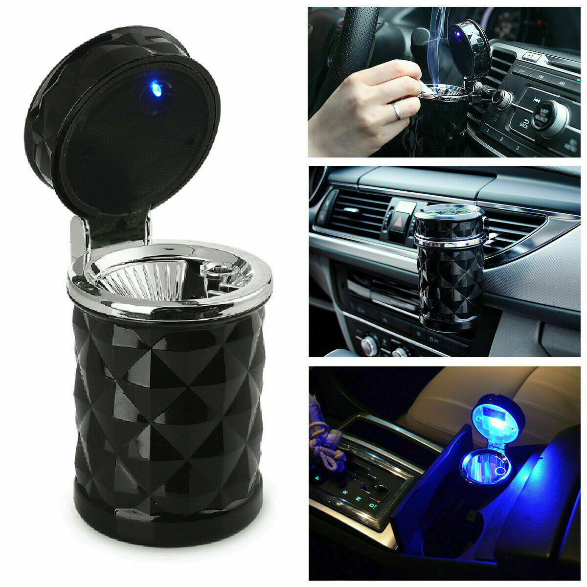 Portable Car Ashtray Cigarette Lighter w/ Blue Led Light for Most Car Cup Holder