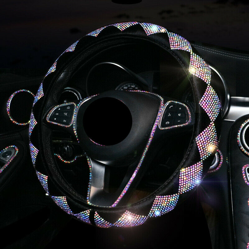 38cm 15" Car Anti Slip Suede Steering Wheel Cover w/Bling Color Diamond Auto SUV