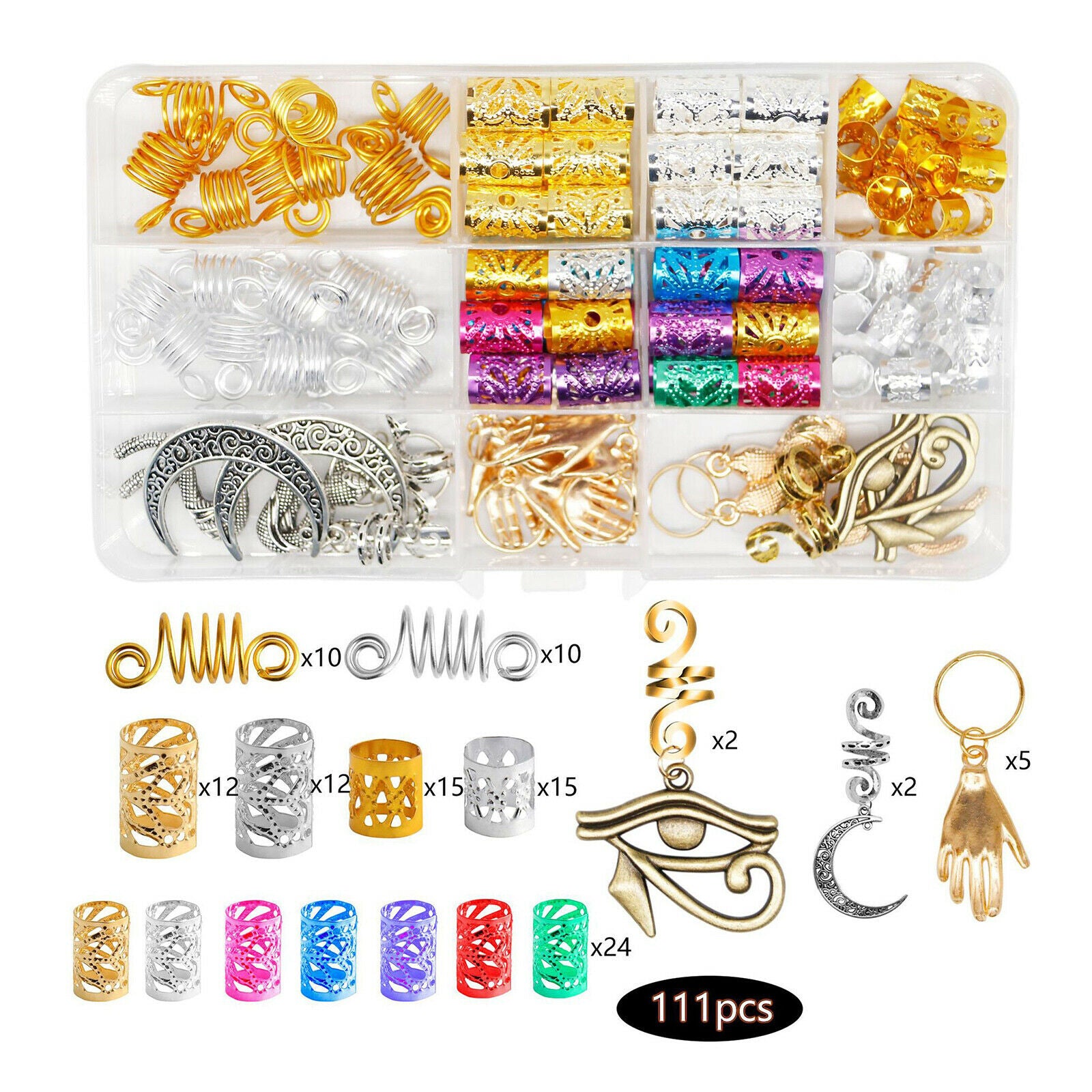 111Pcs Dreadlocks Beads Hair Braid Cuff Rings Tubes Jewelry Braid Bead