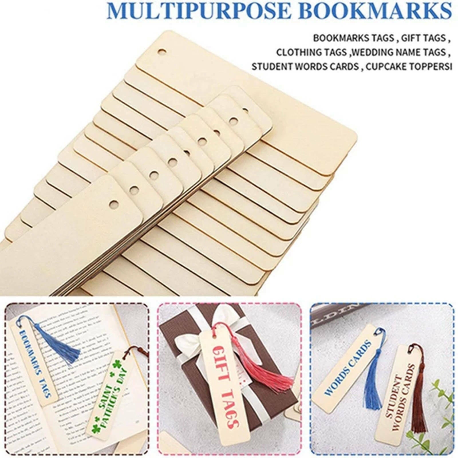 20x Unfinished Wooden Blank Bookmarks Crafts Thin Label with Tassels for