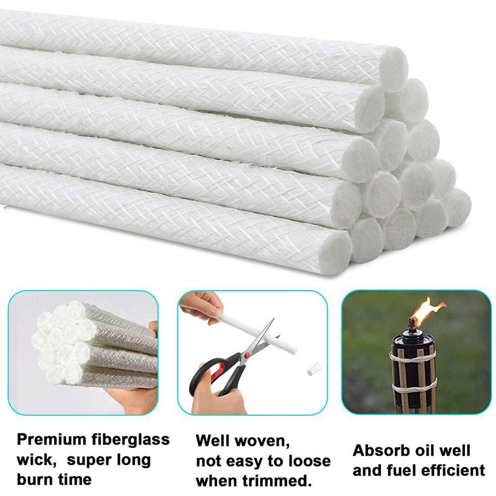 12 Fiberglass Replacement Wicks for Tiki Torch, Candle Wine Bottle, Oil Lamp