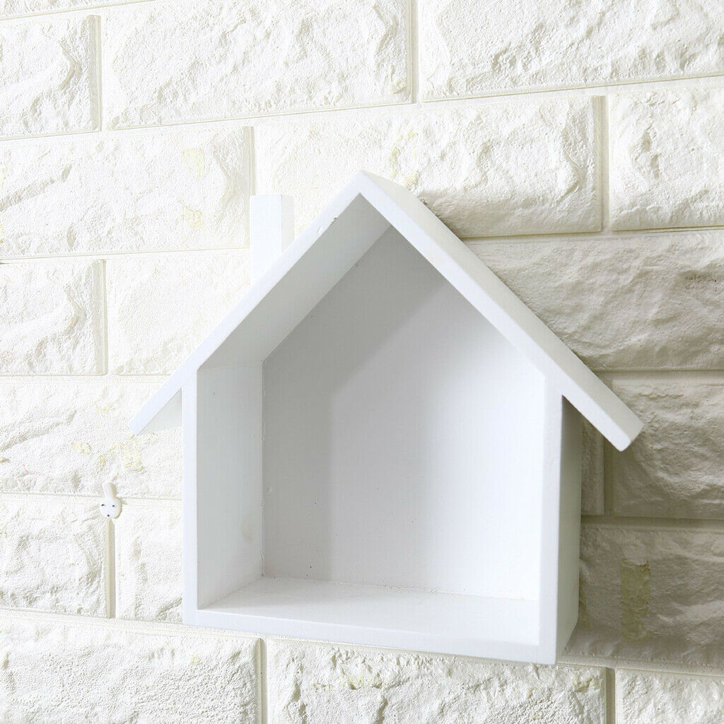 2x Wood Shelves Floating Storage Shelf Wall Decor House Shaped Blue White for