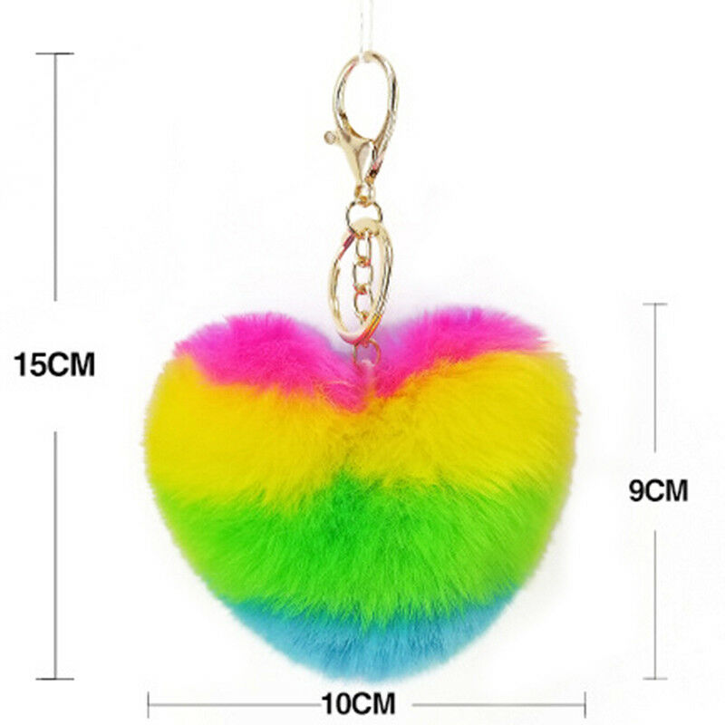 Rainbow Heart Key Chain Pompom Ball Keychain Fluffy Bag Keyring Xmas G.l8