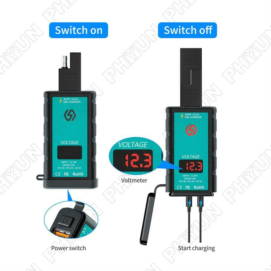 Motorcycle Moped USB + Type-C Fast Charger w/ Voltmeter Power Switch SAE Socket