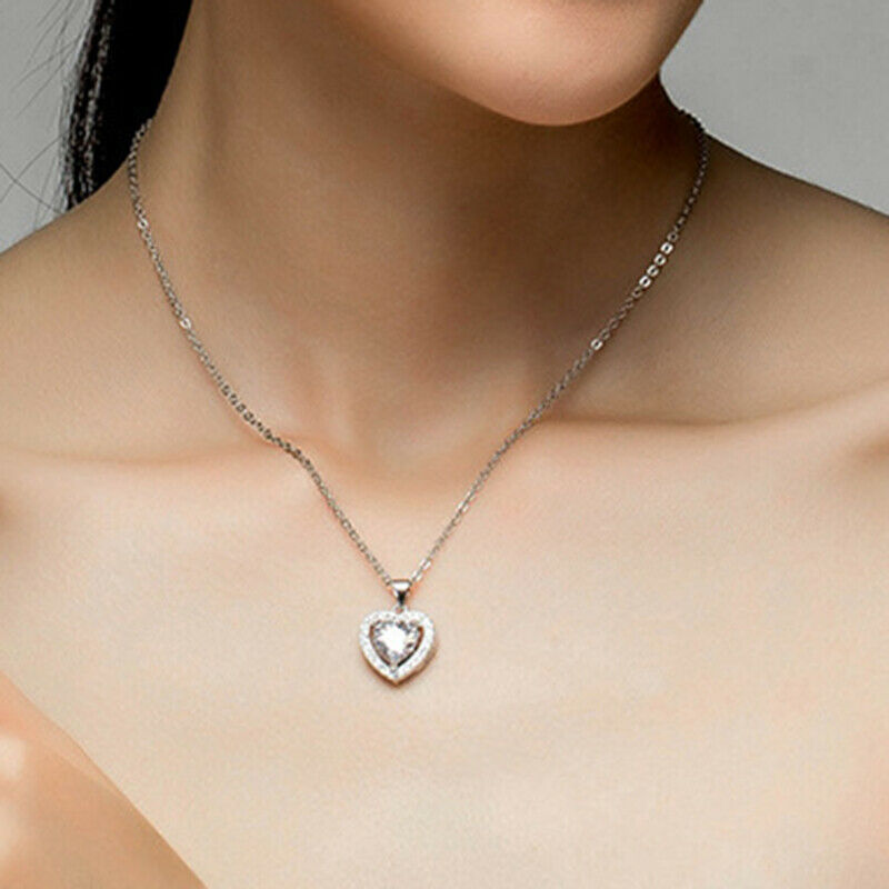 Ladies White Diamond Heart Pendant Necklace Fashion Women Jewellery Love Gift HN