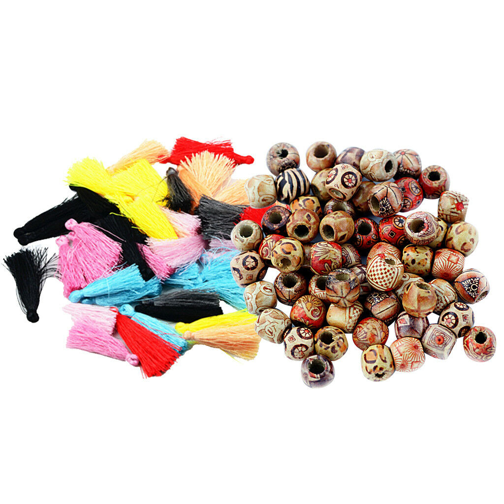 Chinese Silky Thread Tassel Charms&12mm Round Printed Boho Style Wood Beads