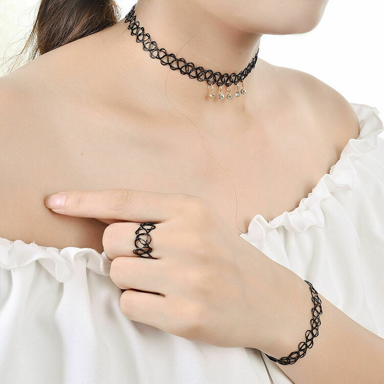 New Hot Tattoo Choker Stretch Necklace Set Black Cord Retro Henna Elastic Gothic