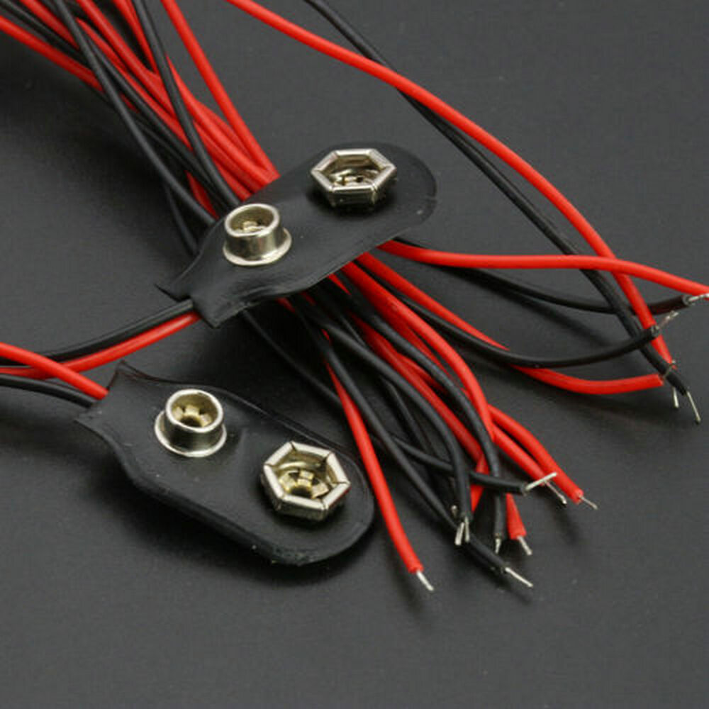 10 Pcs Snap 9V (9 Volt) Battery Clip Connector I Type Black w Cable Black