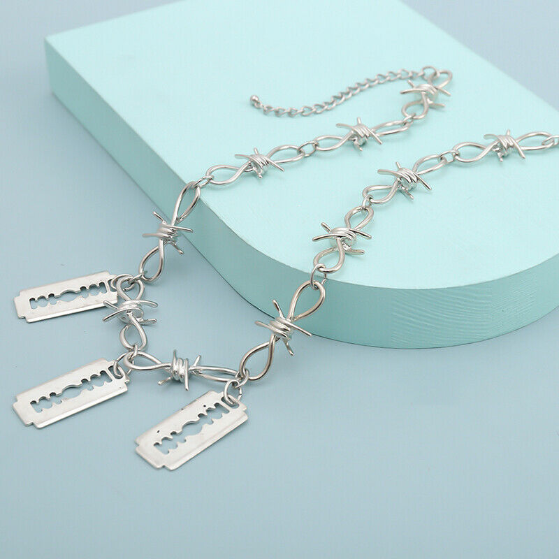 Punk Barbed Wire Brambles Blade Pendant Necklace Jewelry Hip-hop Choker Wom T Rf