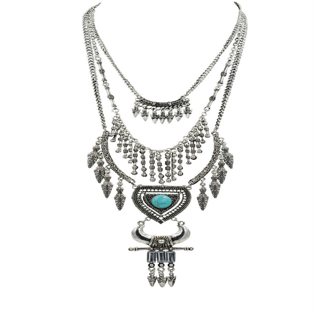 Retro multi-layer leaf arrow fringe heart-shaped turquoise horn necklace