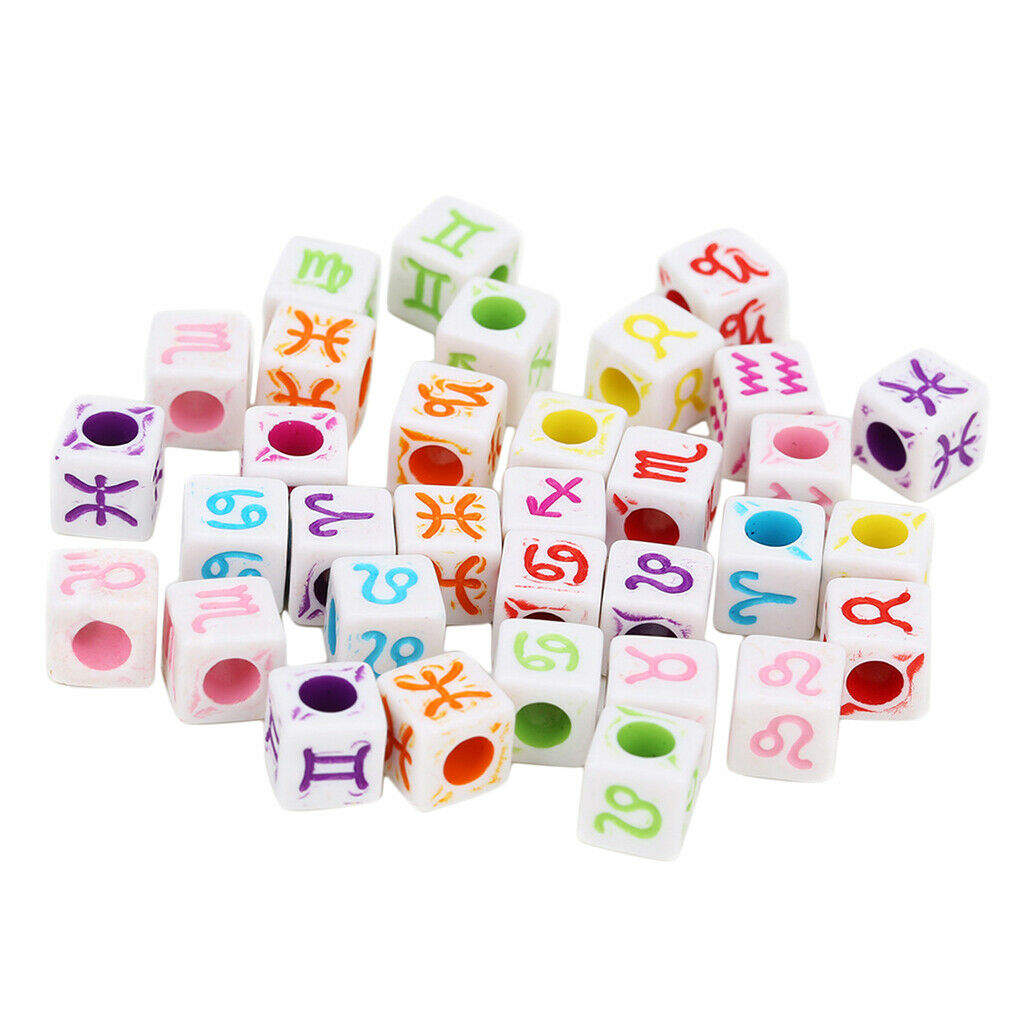 100x Colored Acrylic Cube Beads with Zodiac Designs DIY Jewelry Charm