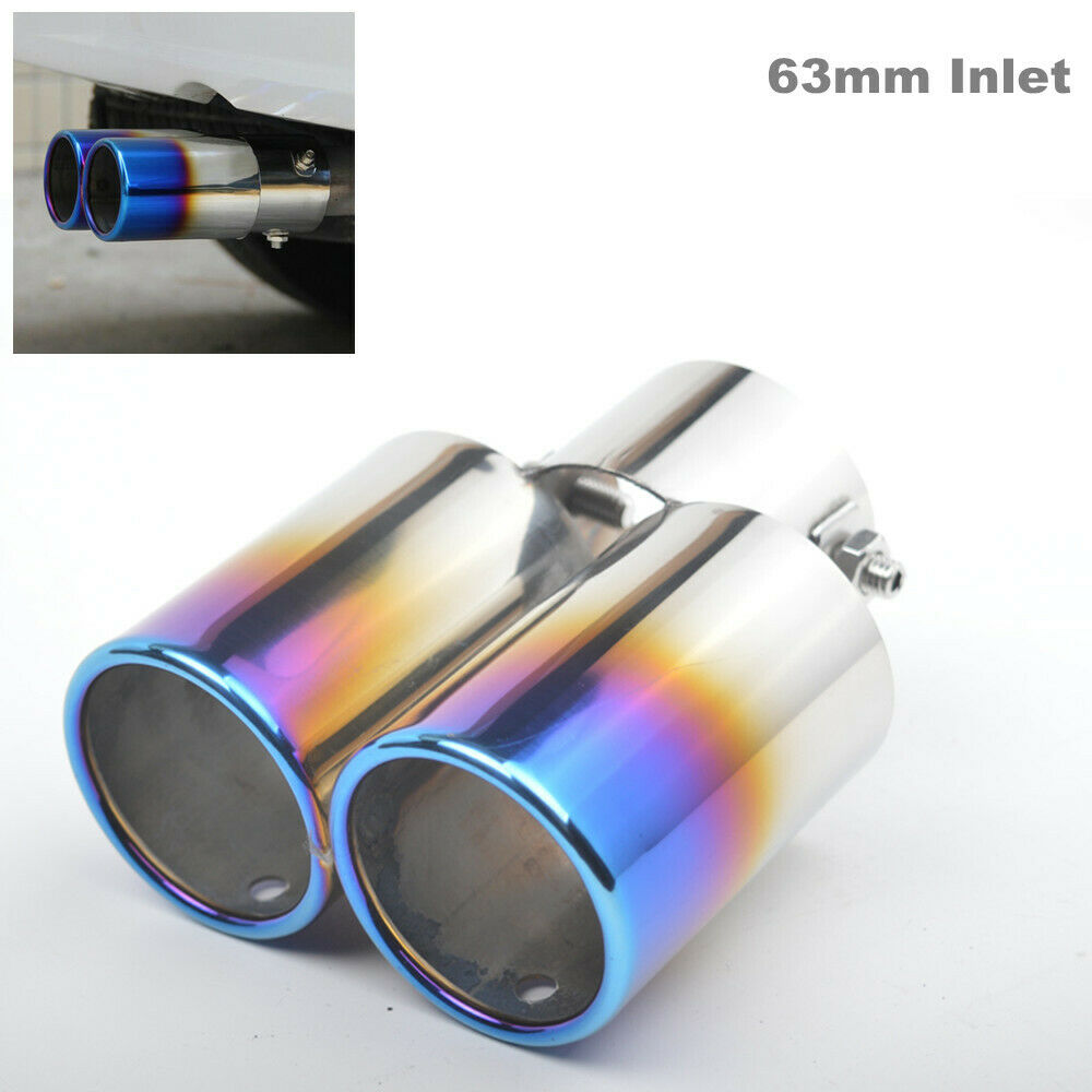 63mm Inlet Car Exhaust Pipe Tip Muffler Stainless Steel Dual Outlet Toasted Blue