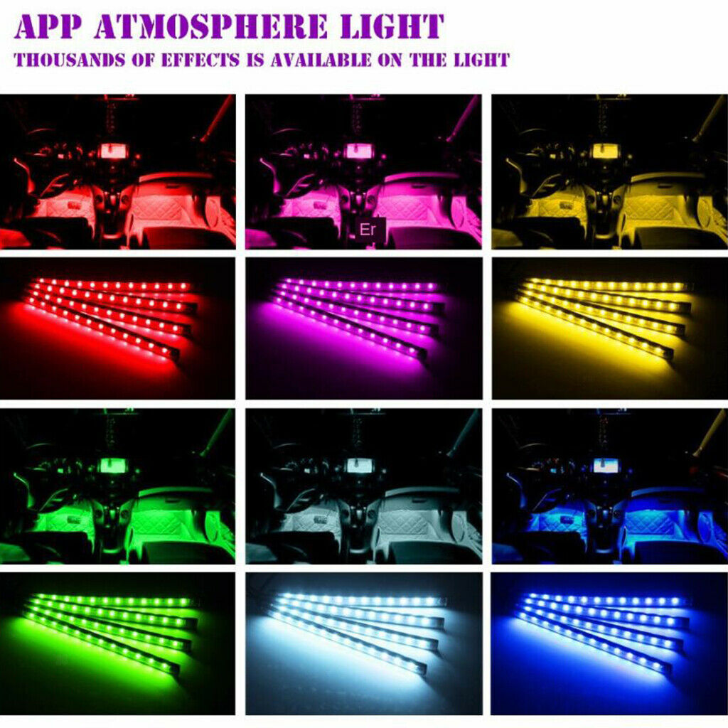 4pcs Car Decorative RGB Strip Atmosphere Light with Remote 12V Lighting Kit