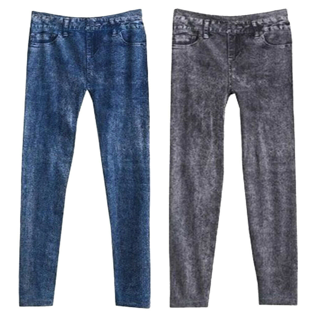 2 Pieces Ladies Women Leggings Stretchy Jeggings Jeans Look Solid Leopard Pants