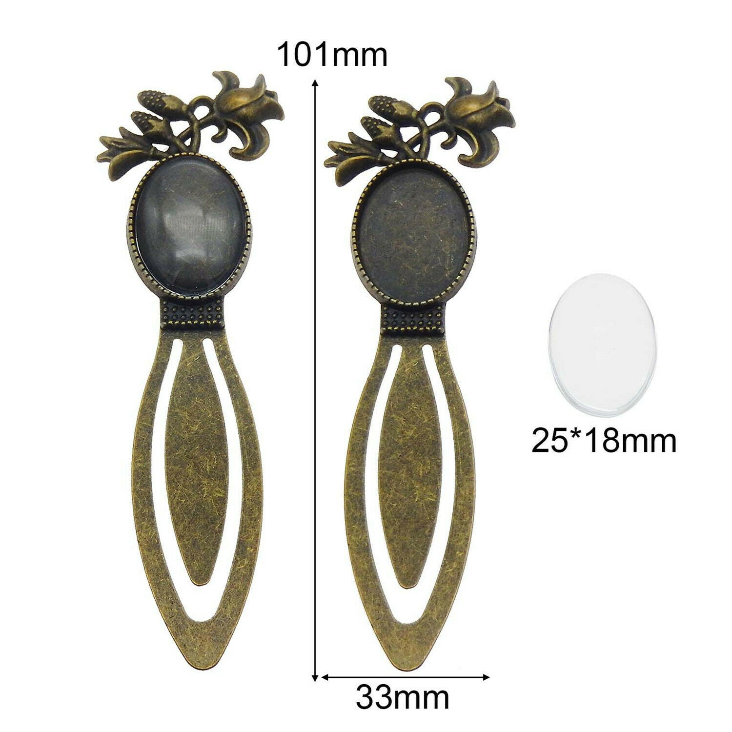 2sets Retro Bronze Alloy Floral Bookmarks Oval Blanks w/ Glass Cabochons 25x18mm