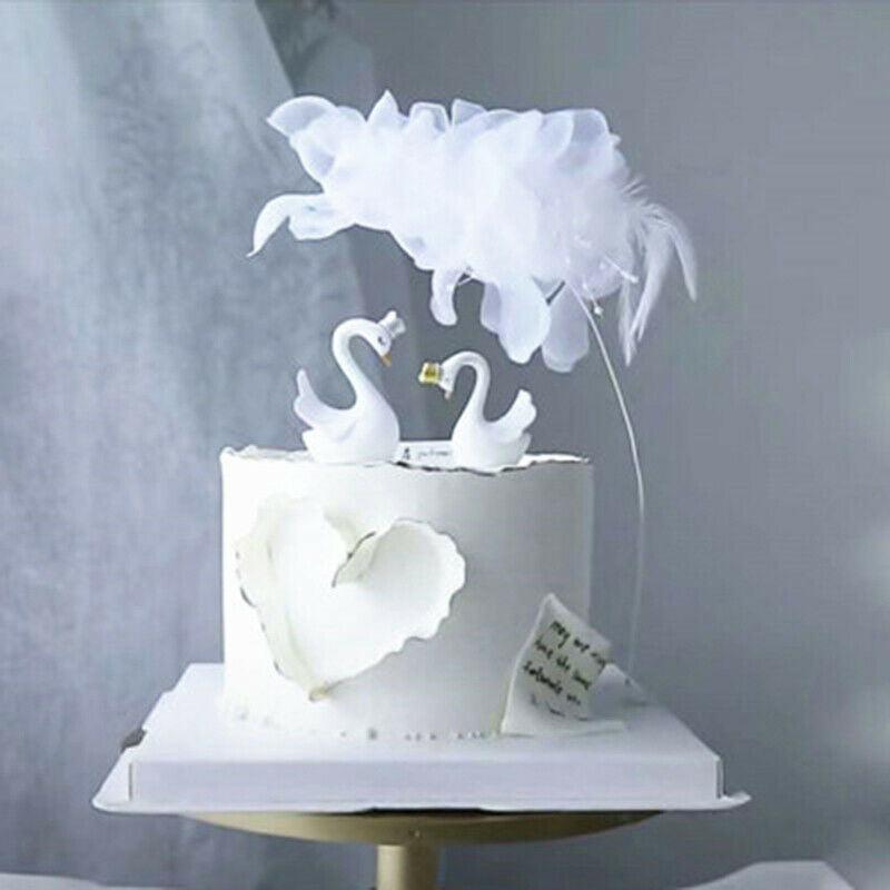 Happy Birthday Cake Topper White Decoration Wedding Bride and Groom feath.l8