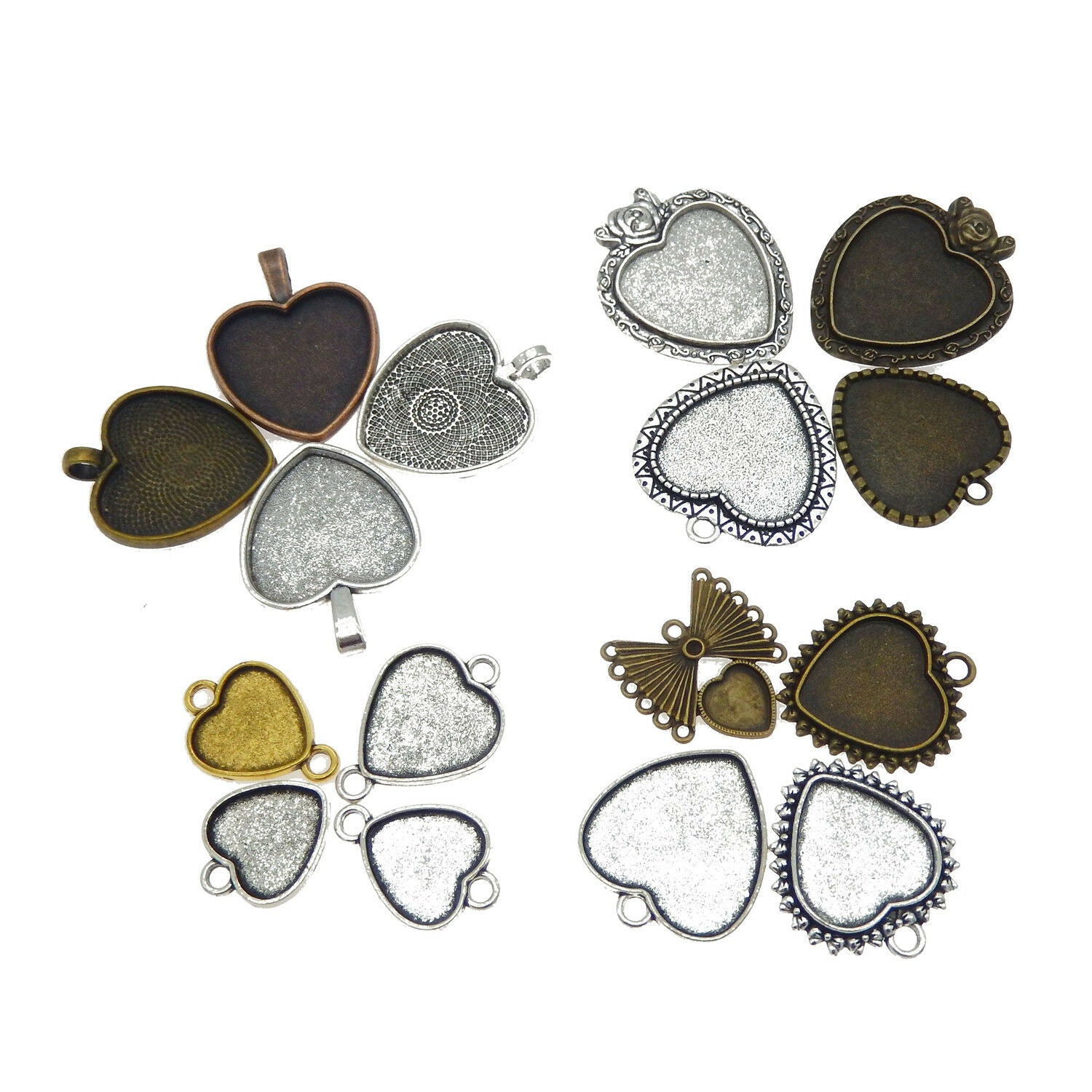 9 Mix Retro Alloy Base Settings Heart Pendant Tray Bezel Frame Charm DIY Crafts