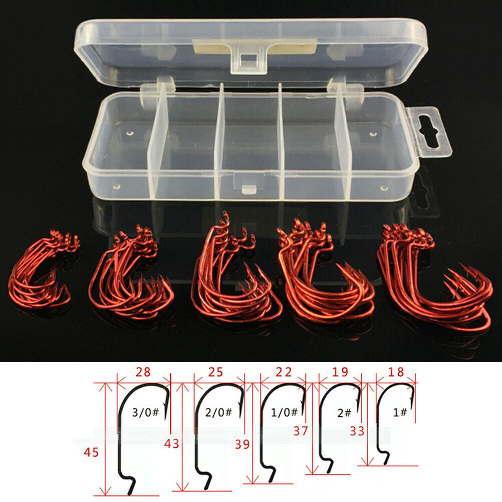 51 Pcs/Set Red Worm High Carbon Steel Fishing Hook For Texas Rig Soft Bait BDAU