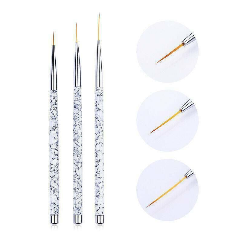 3Pcs Acrylic Nail Brushes Set Marble Handle Liner Painting Pen Nail Art Tools