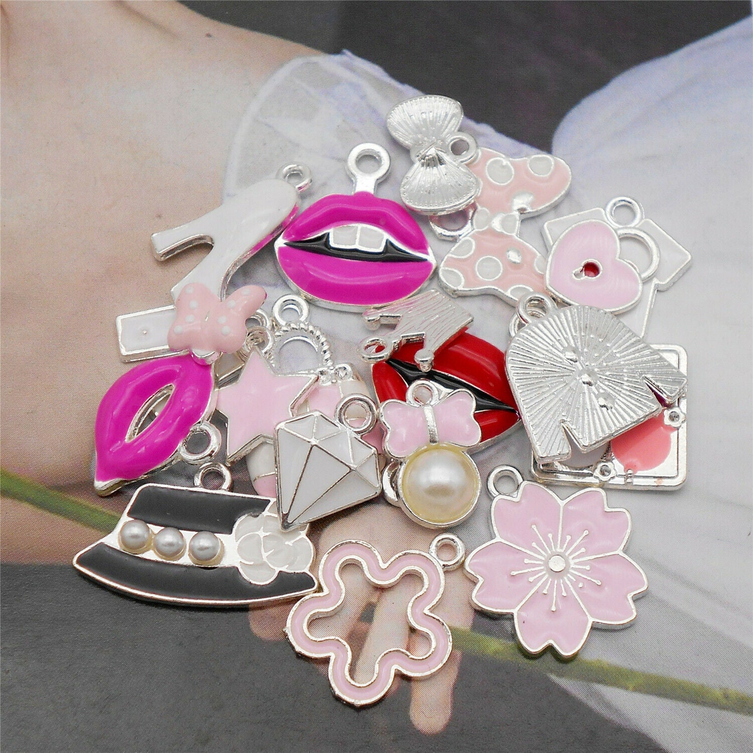 15PCS Enamel Plated Mixed Female Clothes Bag Makeup Charms Pendant DIY Making