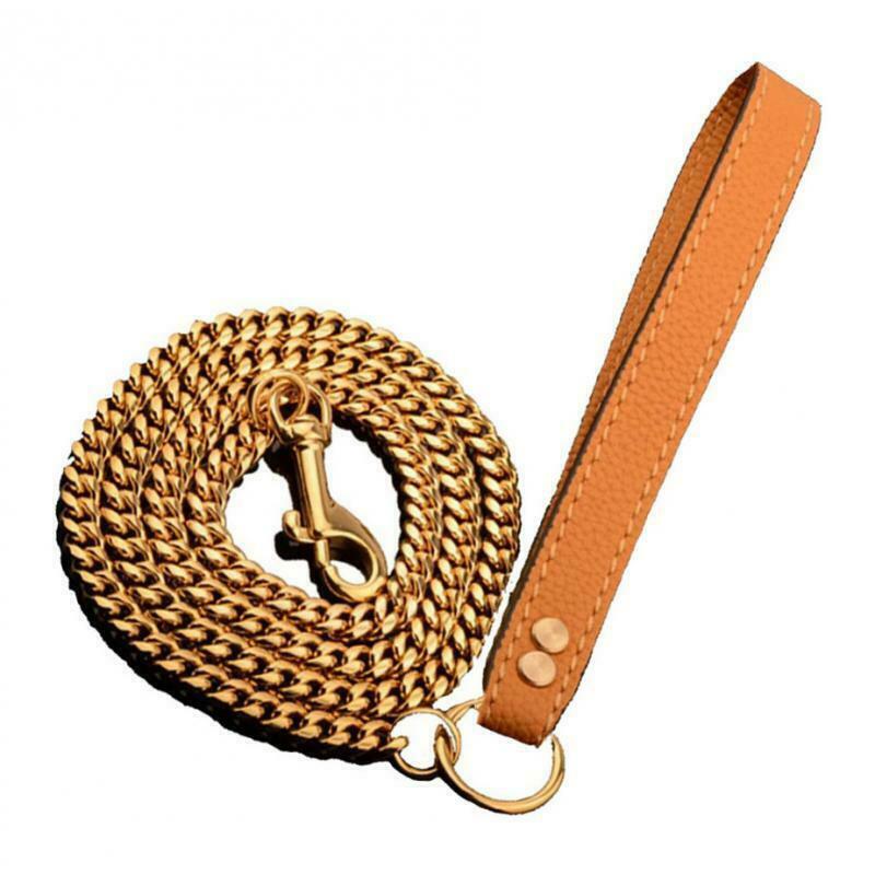 Dog Chain Leash with Leather Handle Dog Walking Leash For Medium Large Dogs
