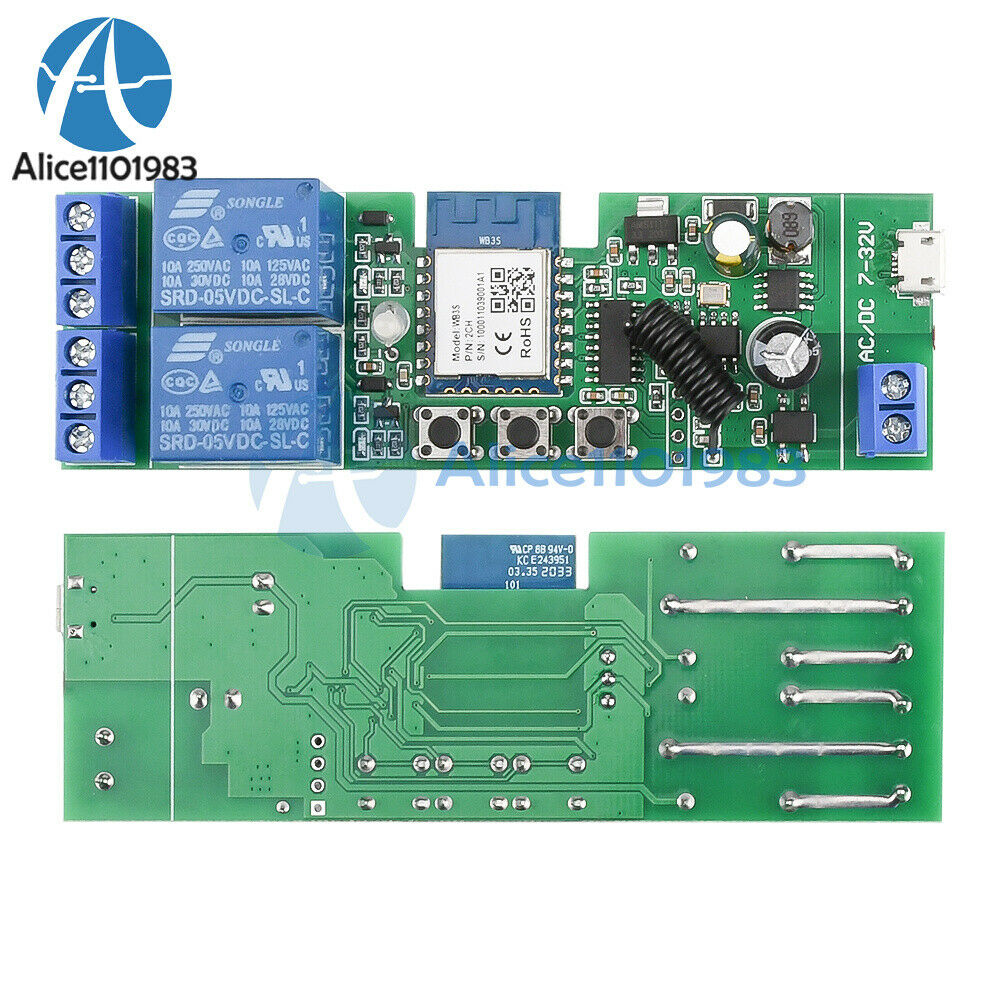 USB5V / DC7-32V 2 Channel WIFI Remote Control Relay Switch Module 433MHZ 3 Mode