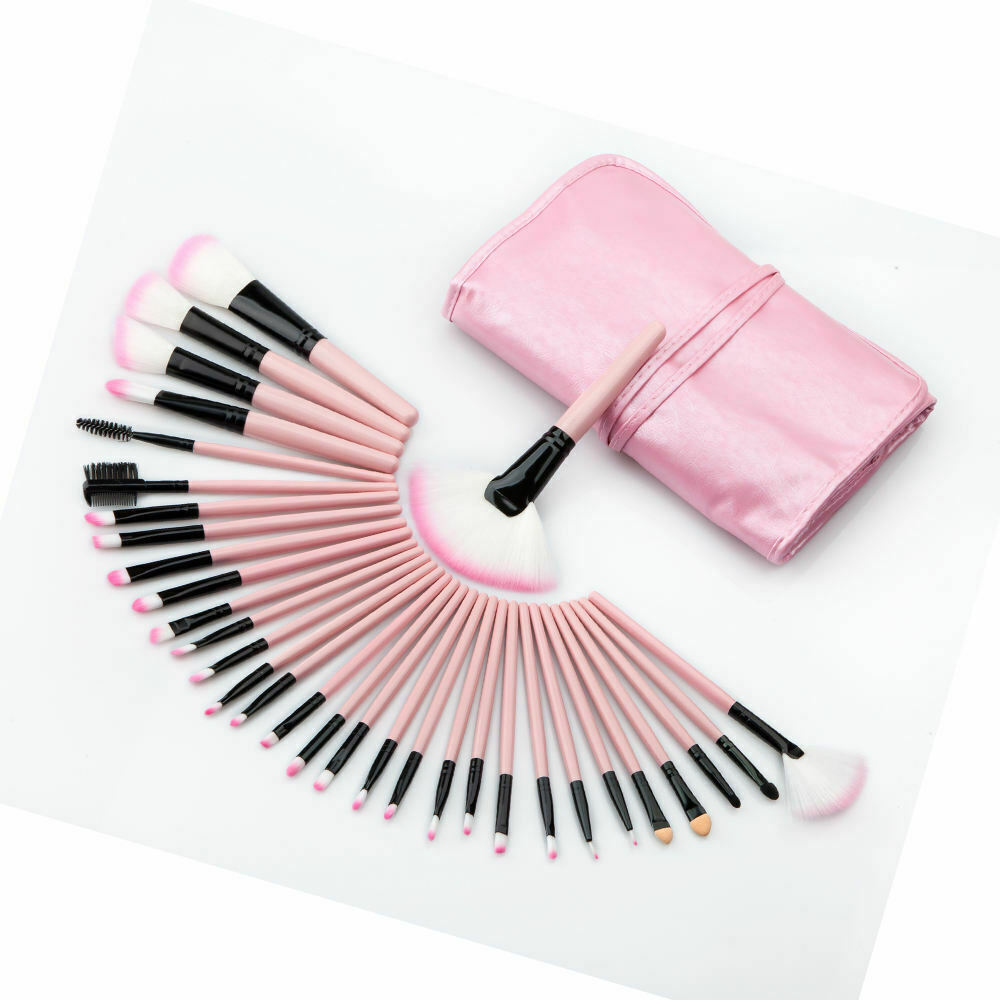 32Pcs Pink Wood Make Up Brushes Kit Set Synthetic Wooden Handle with Bag