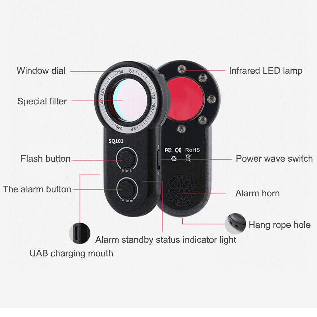 Camera Detector Finder Scanner w/LED Lights Anti-Theft Alarm for Travel Hotels