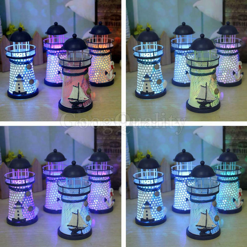 Mediterranean Lighthouse Iron Candle Light Sailing Blue White Table Decor