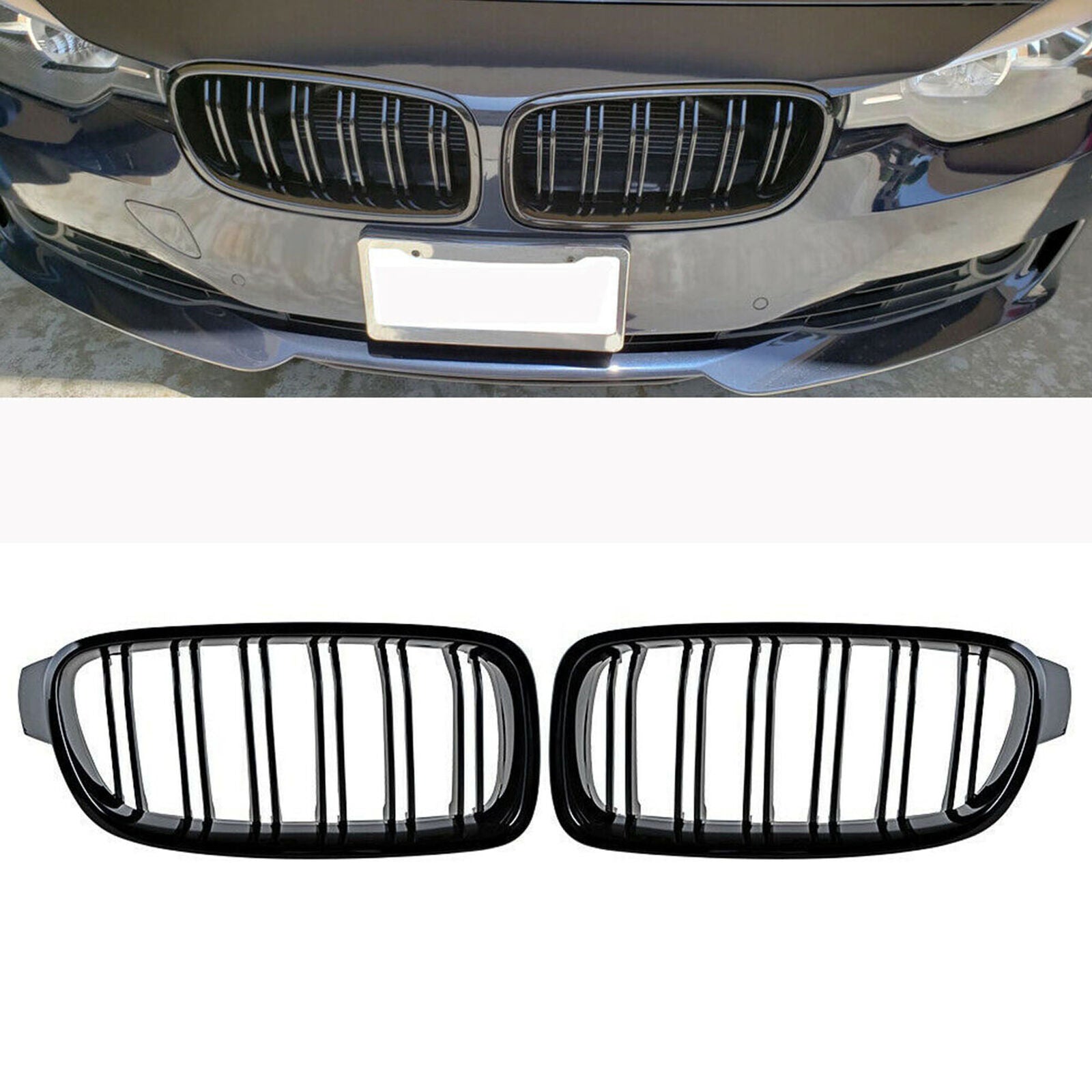 Front Bumper Kidney Grill Grille For BMW F30 F31 F35 3 Series Gloss Black 2 Line