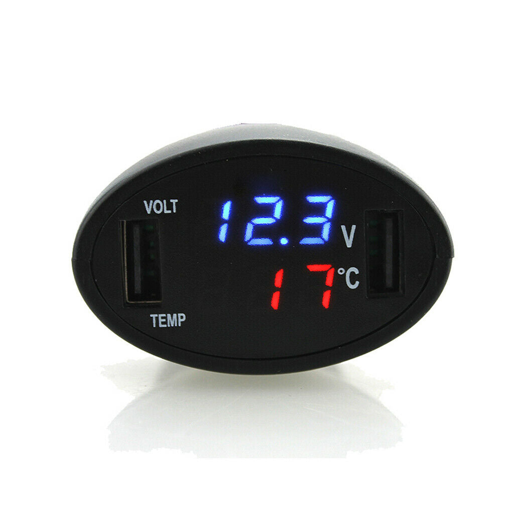 3 in 1 Car Digital LED Voltmeter Gauge +Thermometer + Dual USB Power Charger