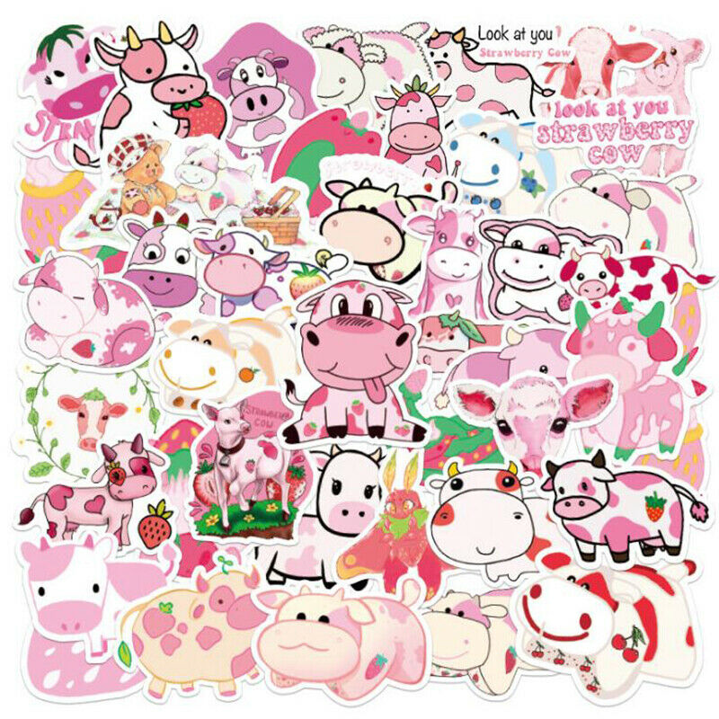 50Pcs Cartoon Pink Strawberry Cow Stickers Laptop Skateboard Luggage StickerBU