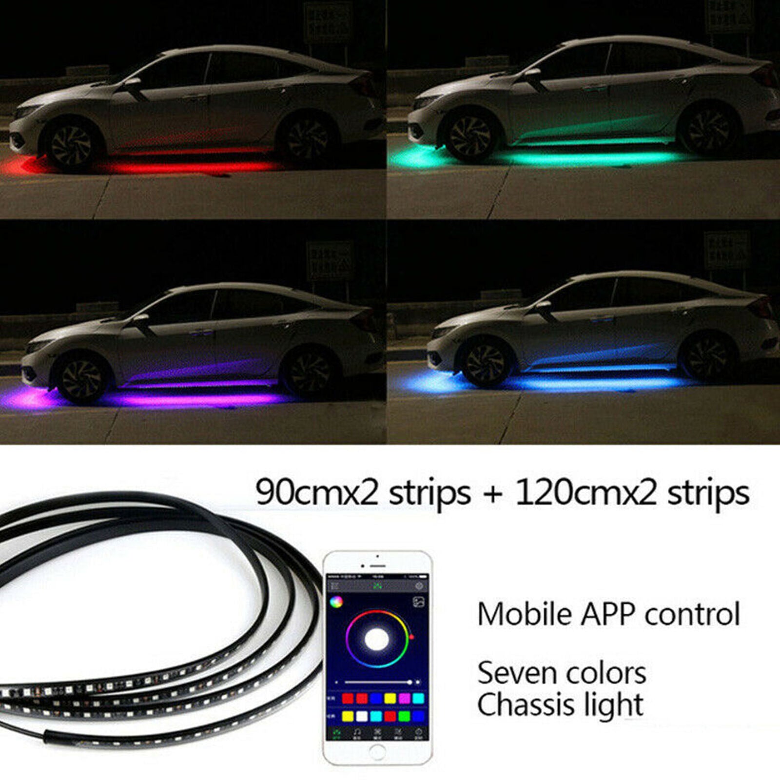 RGB Control LED Strip Under Car Tube Underglow Underbody System Neon Lights New