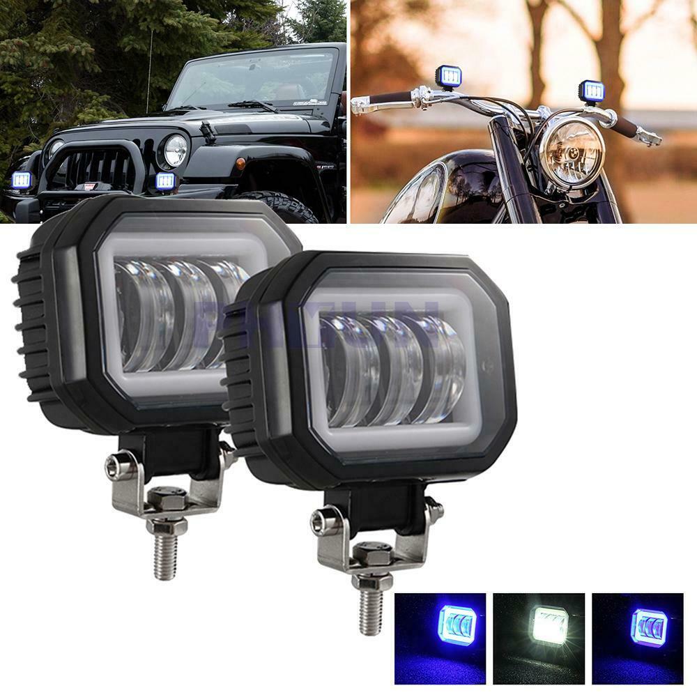 Pair 3.5" Car Truck Trailer Square Blue Spotlight Angel Eye LED Work Light Bar
