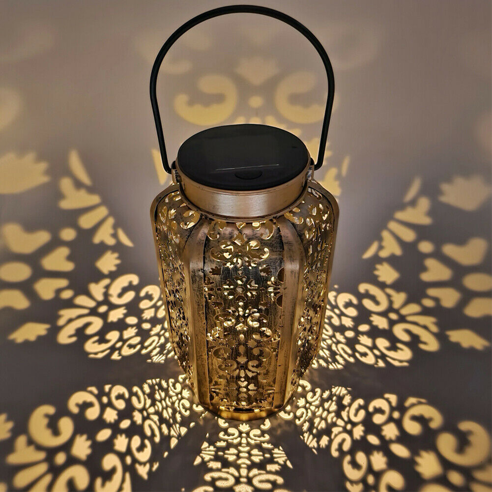 LED Solar Lamps Metallic Hollow Lantern Hanging Light Outdoor Garden Decor @