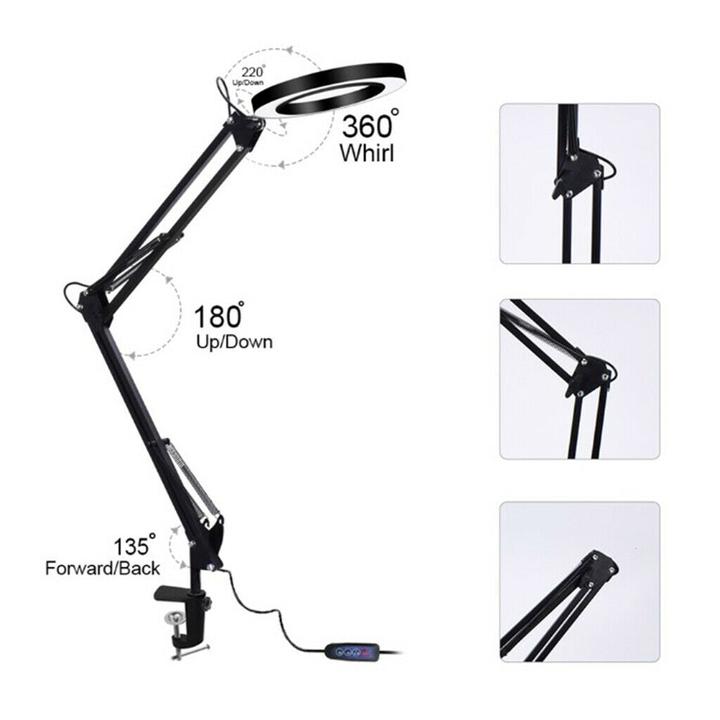 3 Color Modes Lamp 5X Magnifying Glass w/ Clamp for Table Reading Craft 25cm