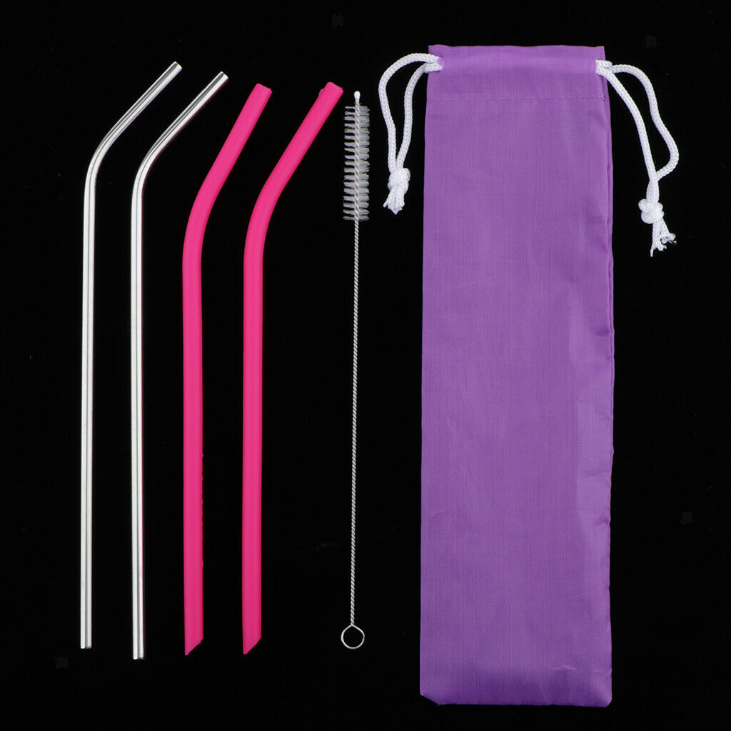 Drinking Straws 2pcs Pink Silicone 2pcs Stainless and 1pc Cleaning Brush