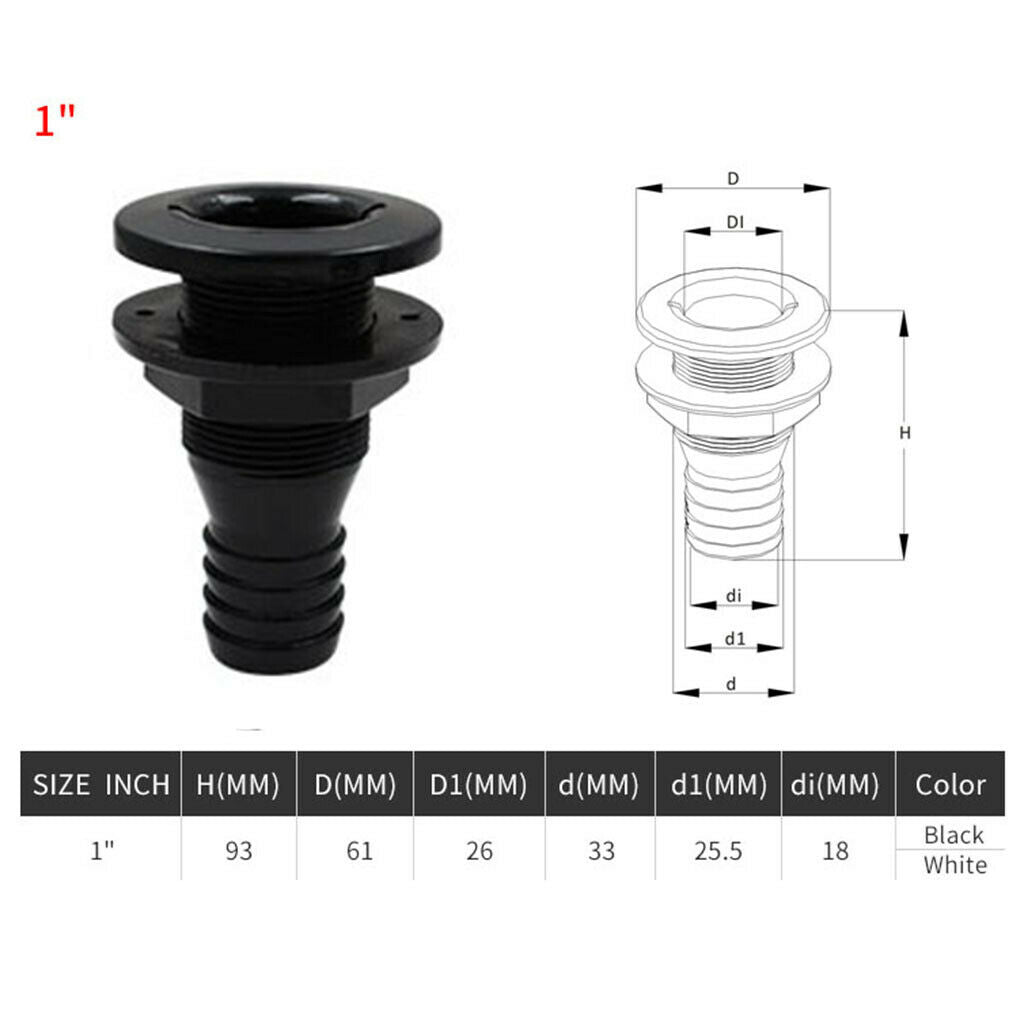 Durable Black Plastic 1'' Marine Thru-Hull Fittings Replacement Yacht Parts