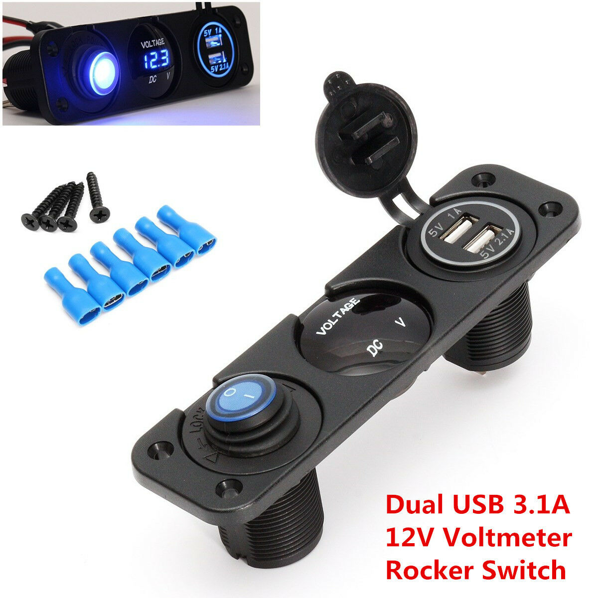 Universal 12V Voltmeter Blue LED Dual USB Charger Rocker Switch Panel Car Truck