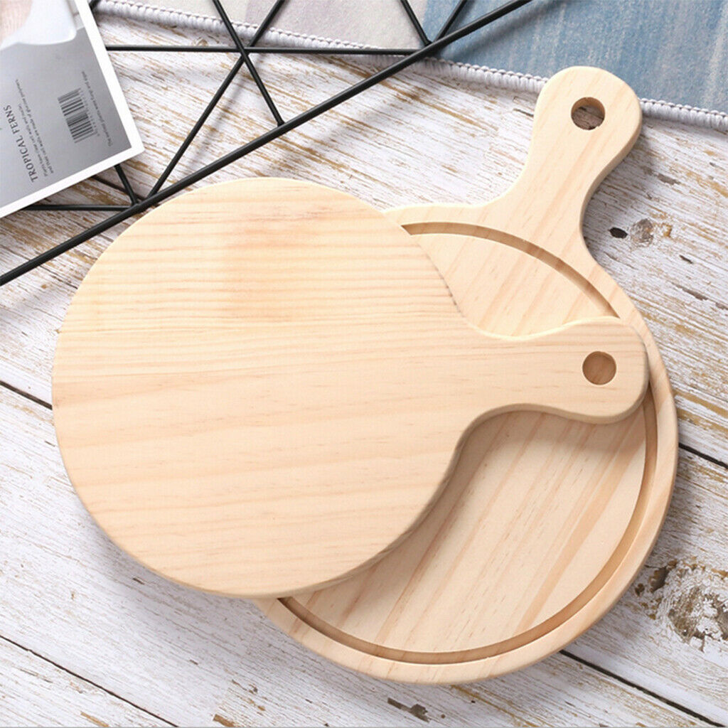 Round Wooden Board Kitchen Pizza Bread Plate Serving Tray with Handle 12inch