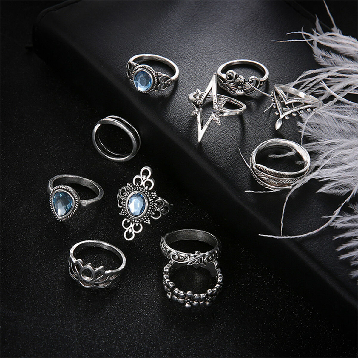 11Pcs/Set Boho Women Blue Crystal Flower Rings Set Leaf Lotus Knuckle Midi Rings