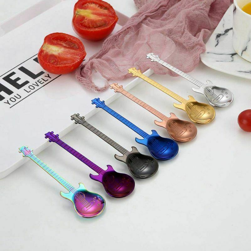 1X(6 Pcs Coffee Teaspoons Guitar Spoon,Stainless Steel Colorful Dessert Spoo5G6)