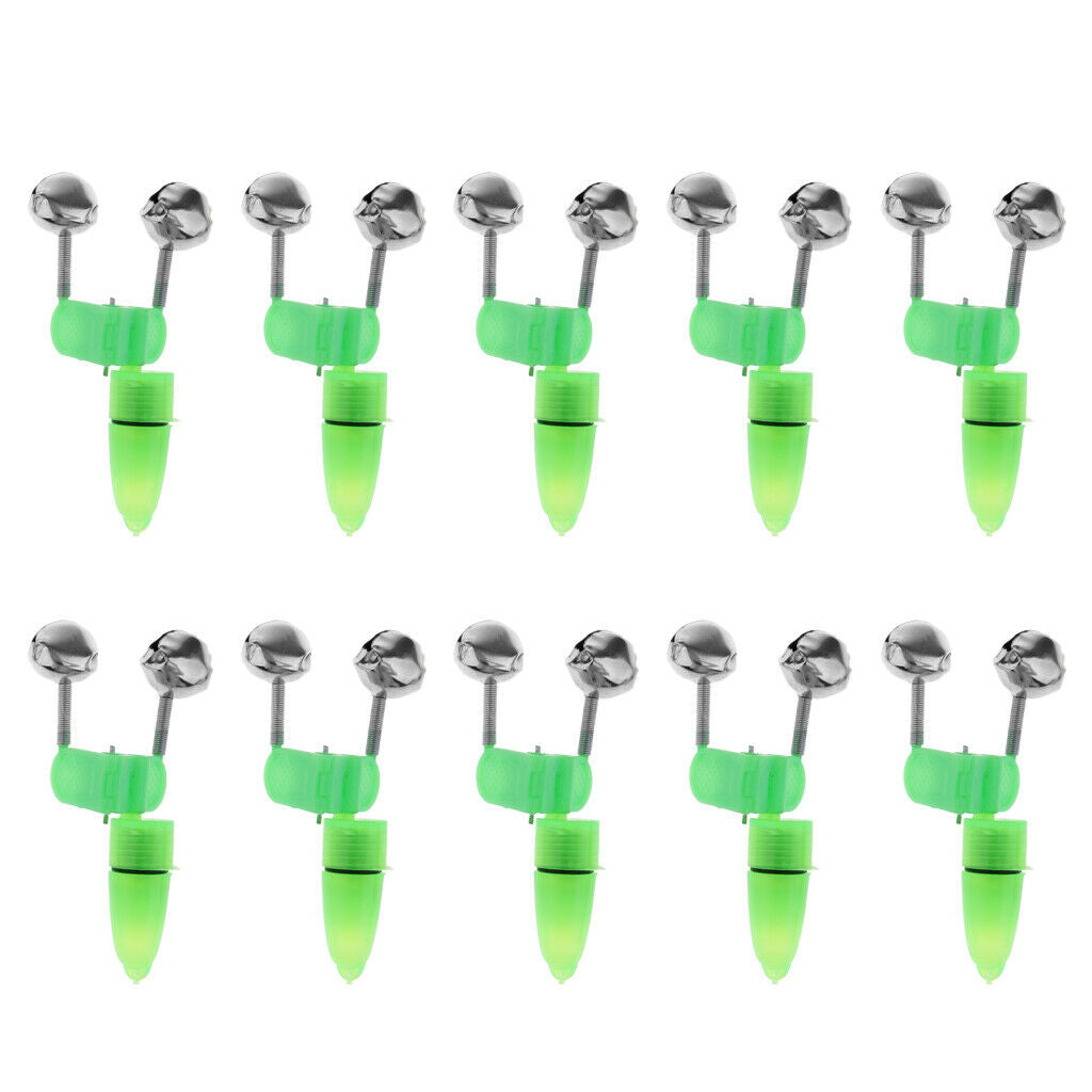 10pcs Night Fishing Rod Tip LED Light Clip Rod Twin Bells Bite Indicator Alarm